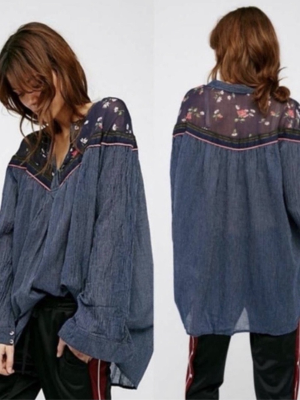 Free People Hearts & Colors Tunic Top XS Navy Floral Sheer Yoke Boho Pinstripe